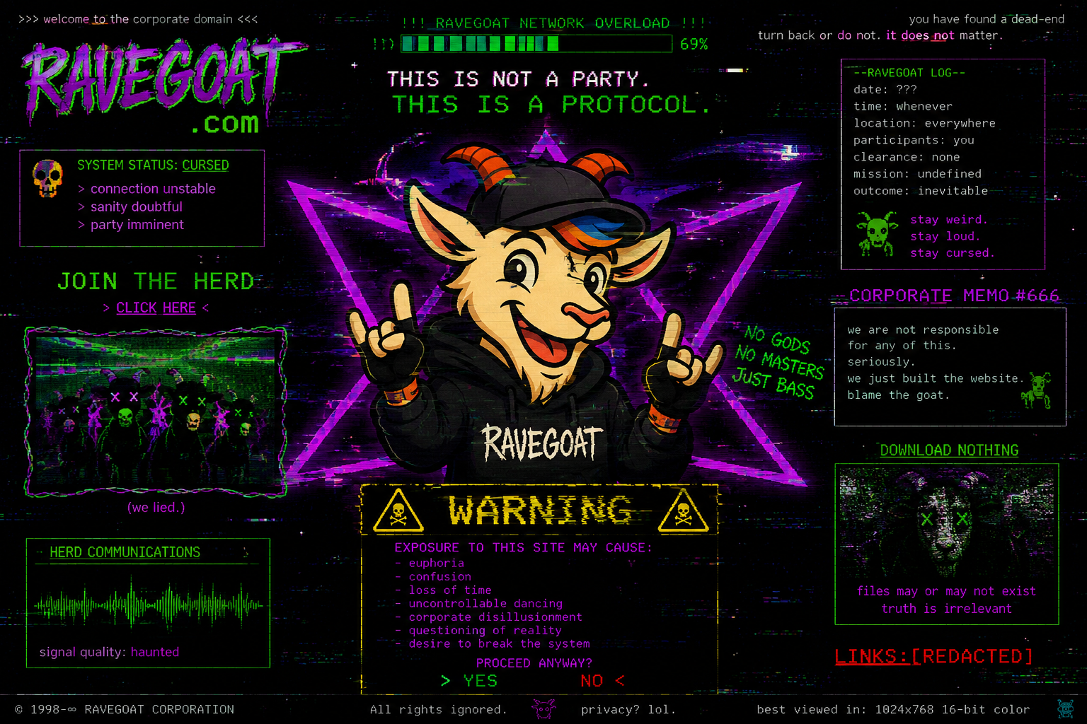 RaveGoat glitch dead-end landing page